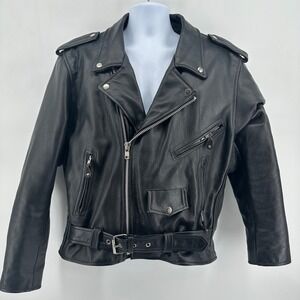 Xelement Leather Motorcycle Jacket Black L Belted Biker Coat Zip Out Liner Moto